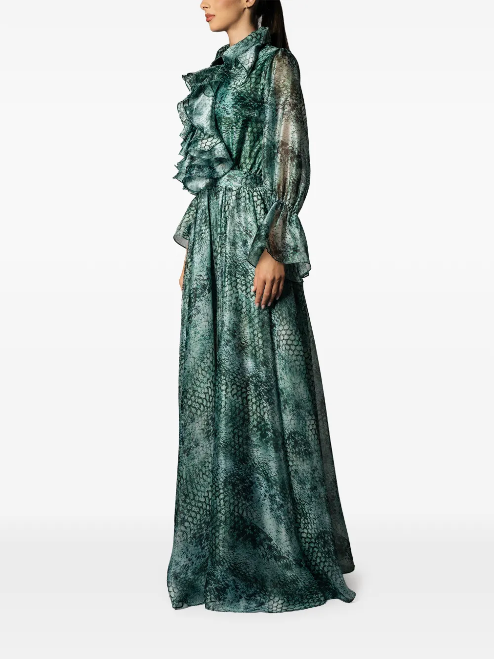 MIAU by Clara Rotescu ruffled snake-print dress Groen
