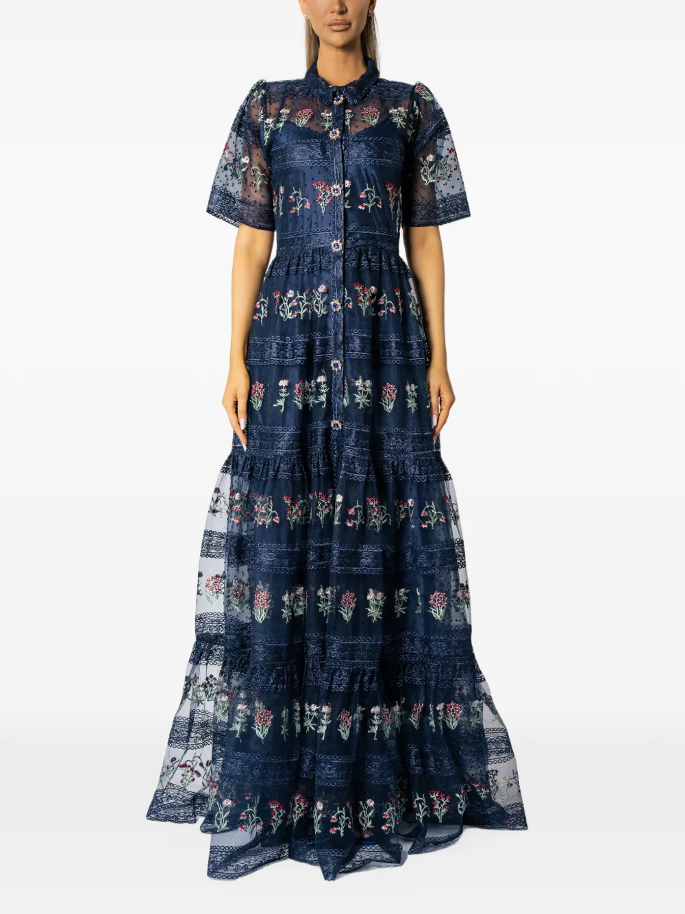 MIAU by Clara Rotescu Eiran floral-embroidered tiered maxi dress - Blu