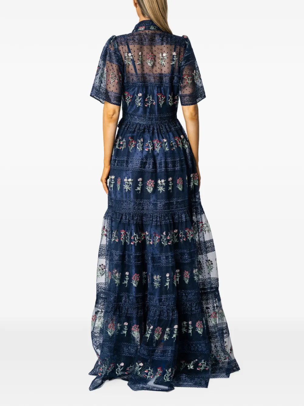 MIAU by Clara Rotescu Eiran floral-embroidered tiered maxi dress Blauw