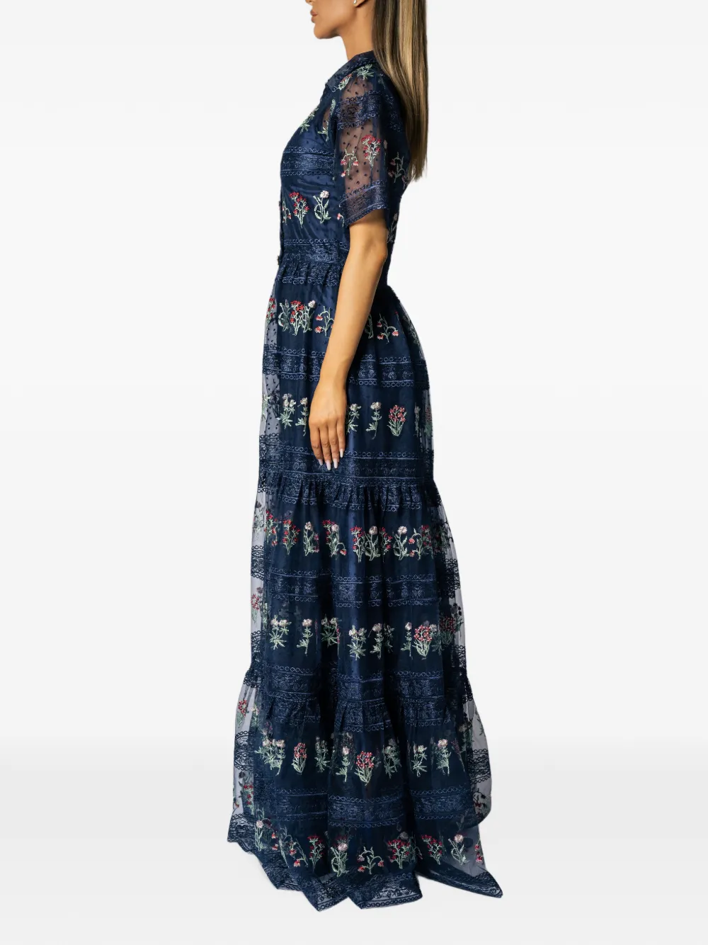 MIAU by Clara Rotescu Eiran floral-embroidered tiered maxi dress Blauw