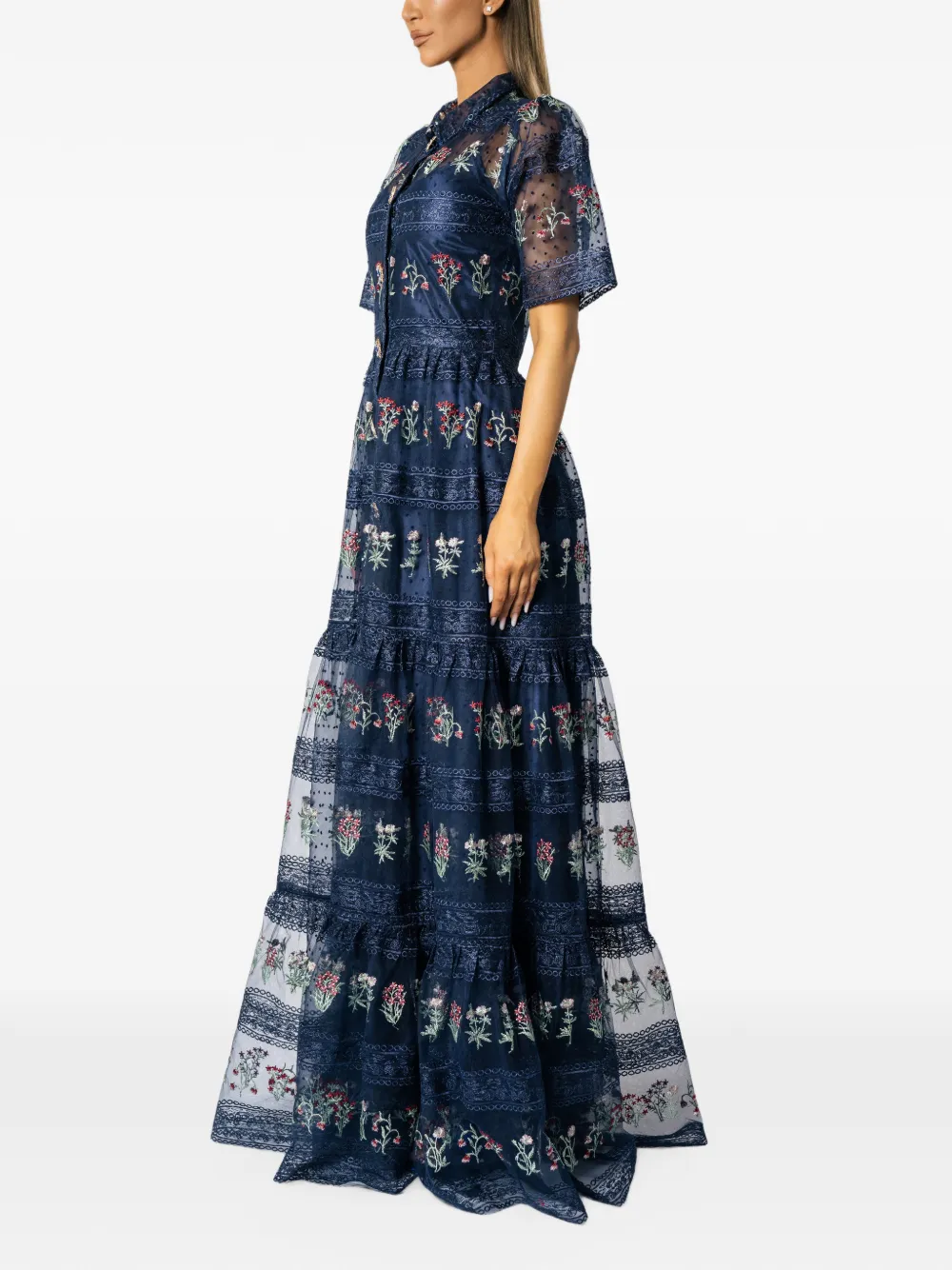 MIAU by Clara Rotescu Eiran floral-embroidered tiered maxi dress Blauw