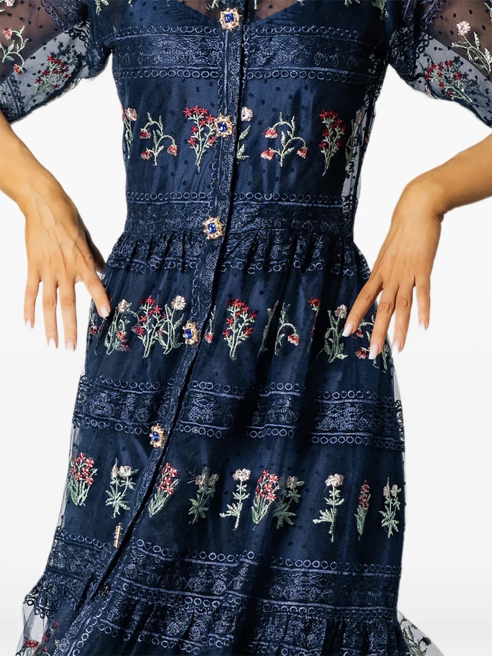 MIAU by Clara Rotescu Eiran floral-embroidered tiered maxi dress Blauw