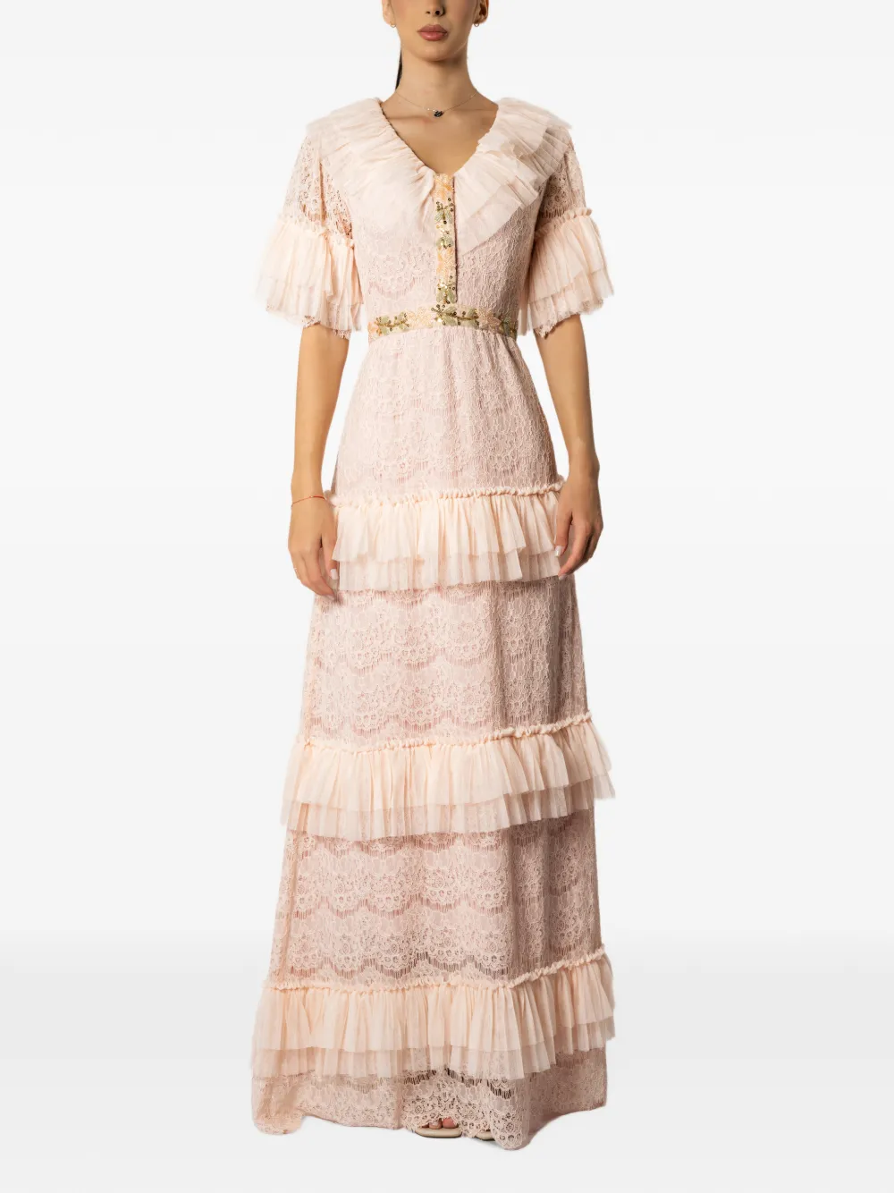 MIAU by Clara Rotescu ruffled lace-overlay maxi dress Roze