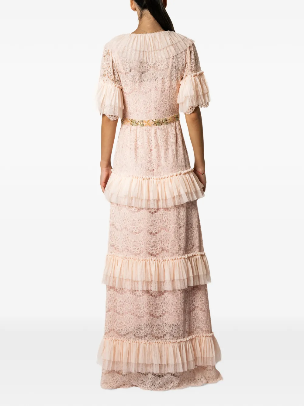 MIAU by Clara Rotescu ruffled lace-overlay maxi dress Roze
