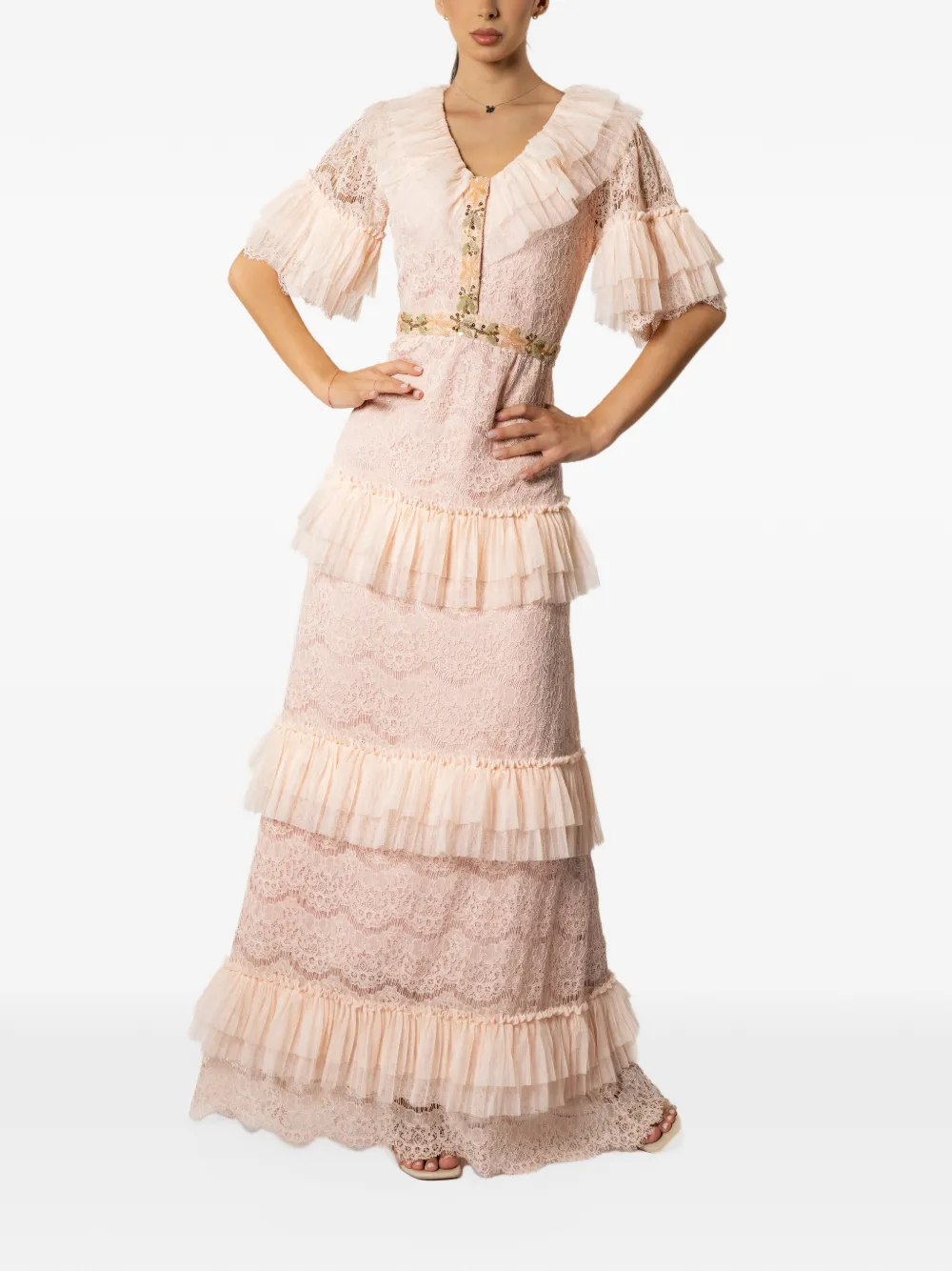 MIAU by Clara Rotescu ruffled lace-overlay maxi dress Roze