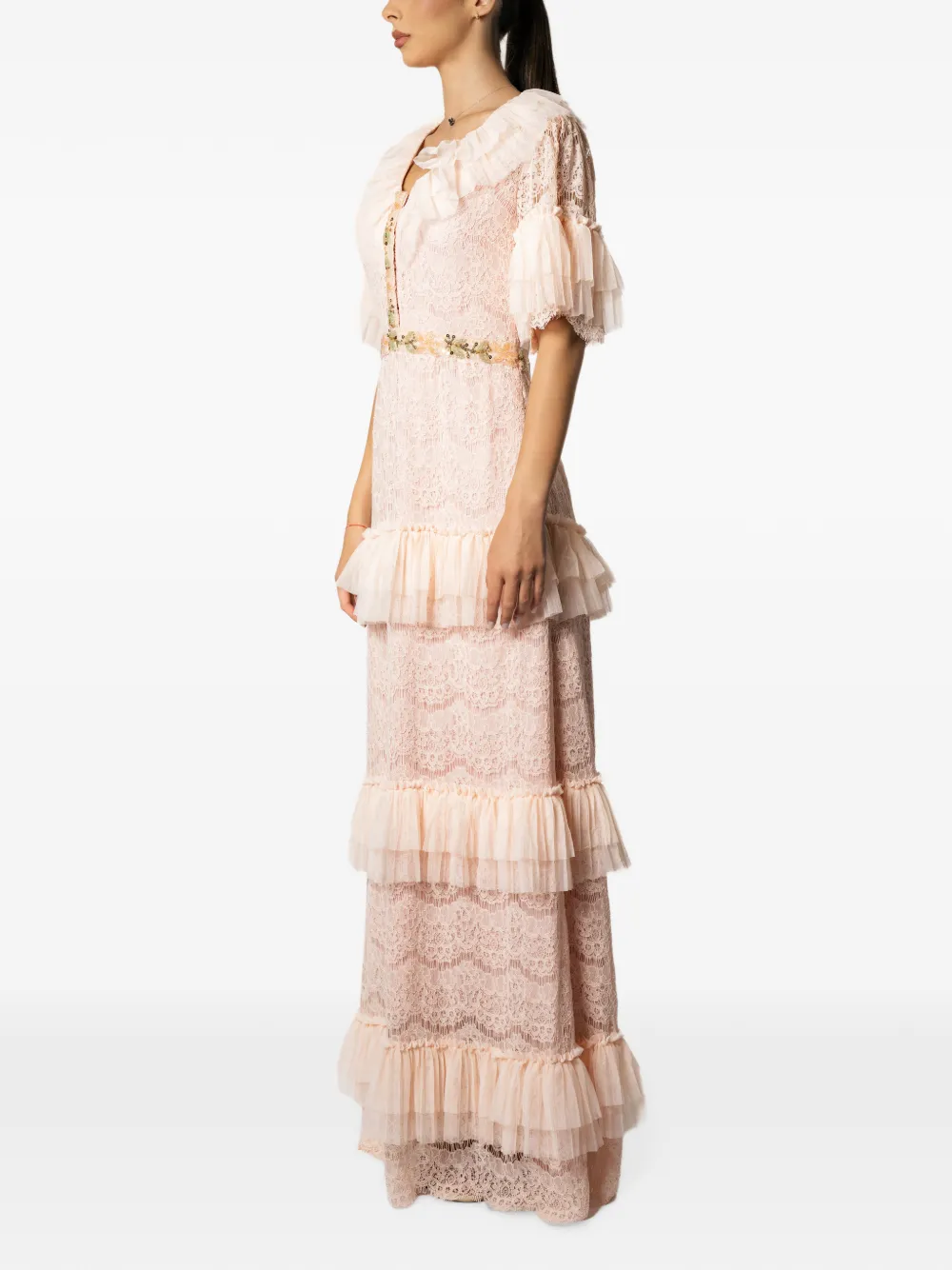 MIAU by Clara Rotescu ruffled lace-overlay maxi dress Roze