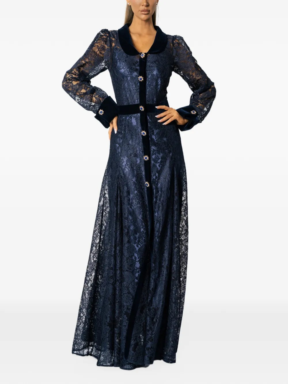 MIAU by Clara Rotescu Amara lace-overlay velvet-trim maxi dress Blauw