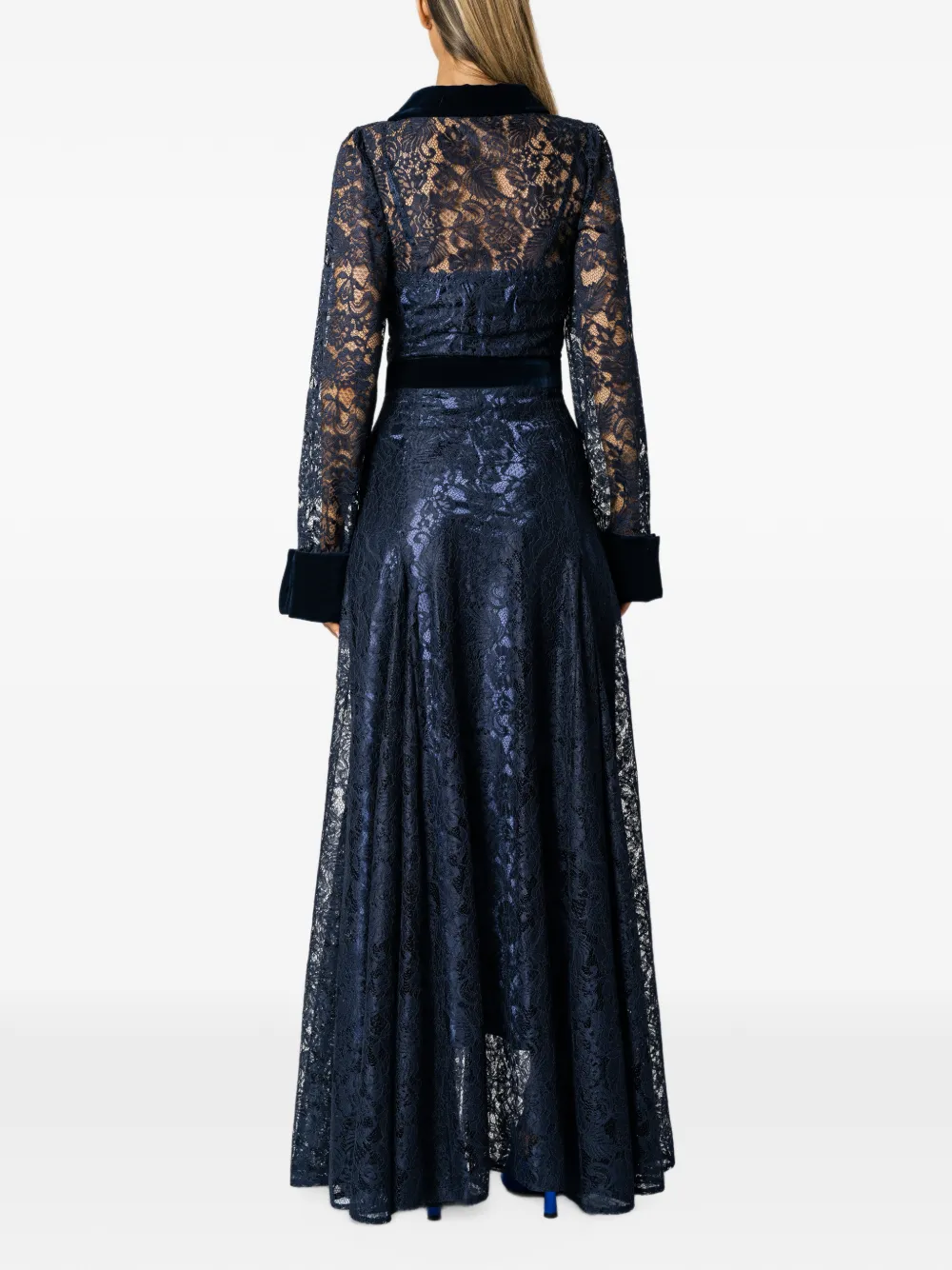 MIAU by Clara Rotescu Amara lace-overlay velvet-trim maxi dress Blauw