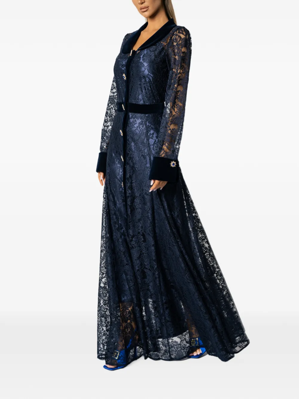 MIAU by Clara Rotescu Amara lace-overlay velvet-trim maxi dress Blauw