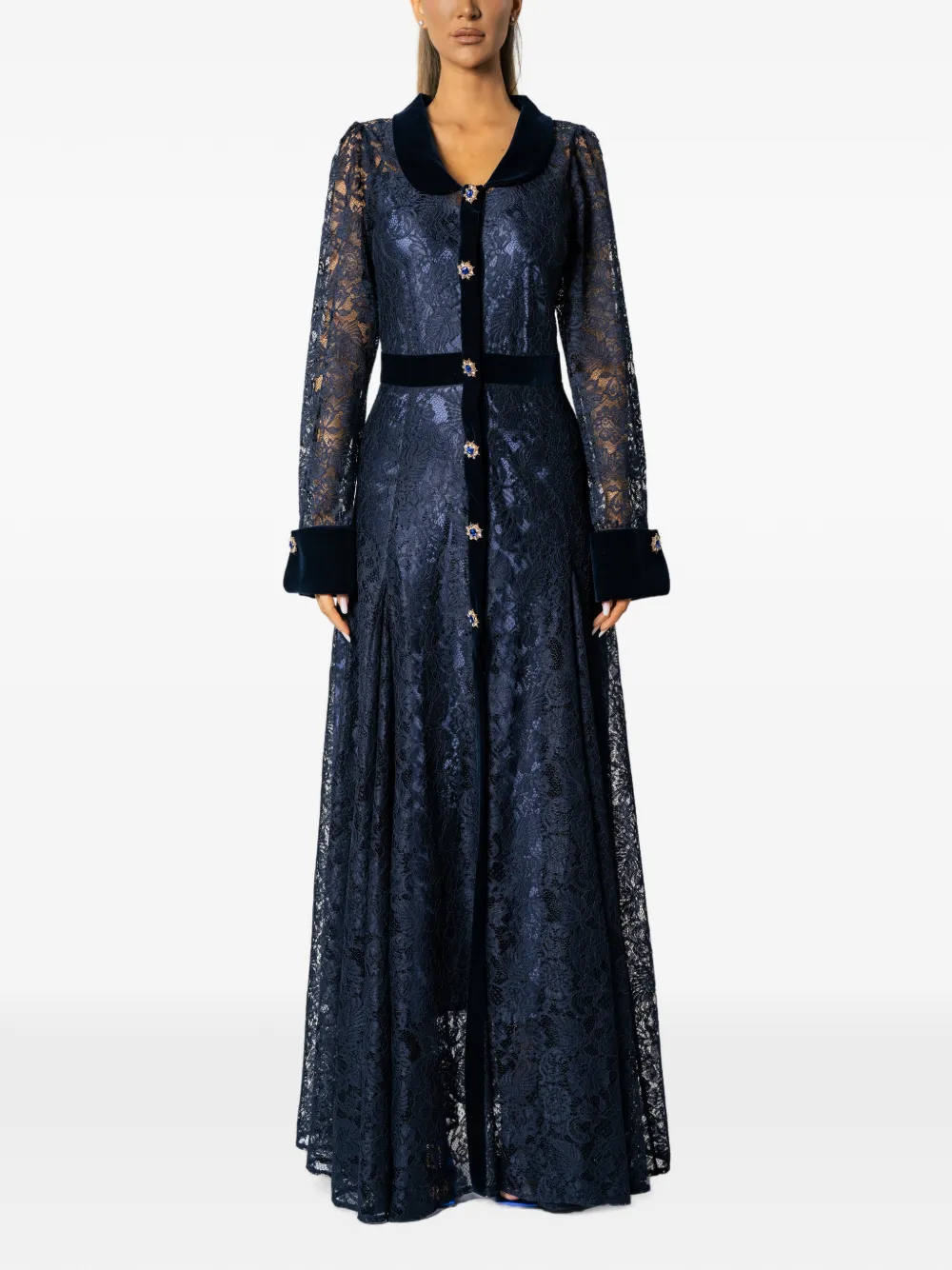 MIAU by Clara Rotescu Amara lace-overlay velvet-trim maxi dress Blauw
