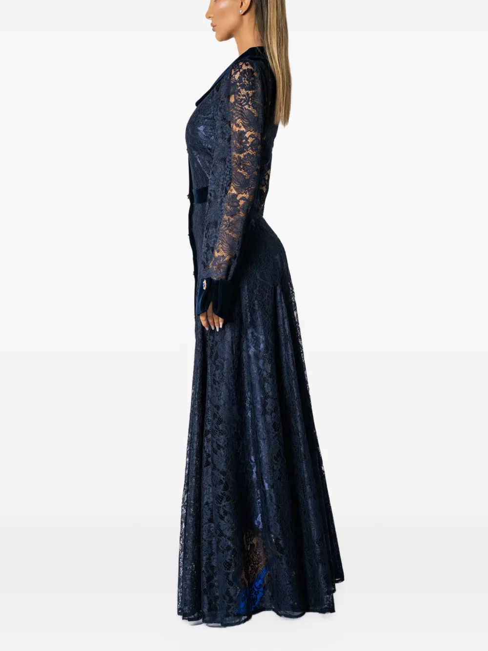 MIAU by Clara Rotescu Amara lace-overlay velvet-trim maxi dress Blauw