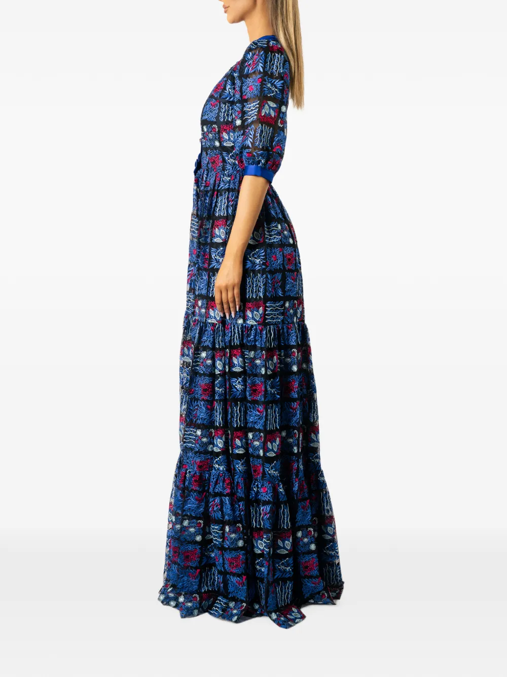 MIAU by Clara Rotescu embroidered tiered maxi dress Blauw
