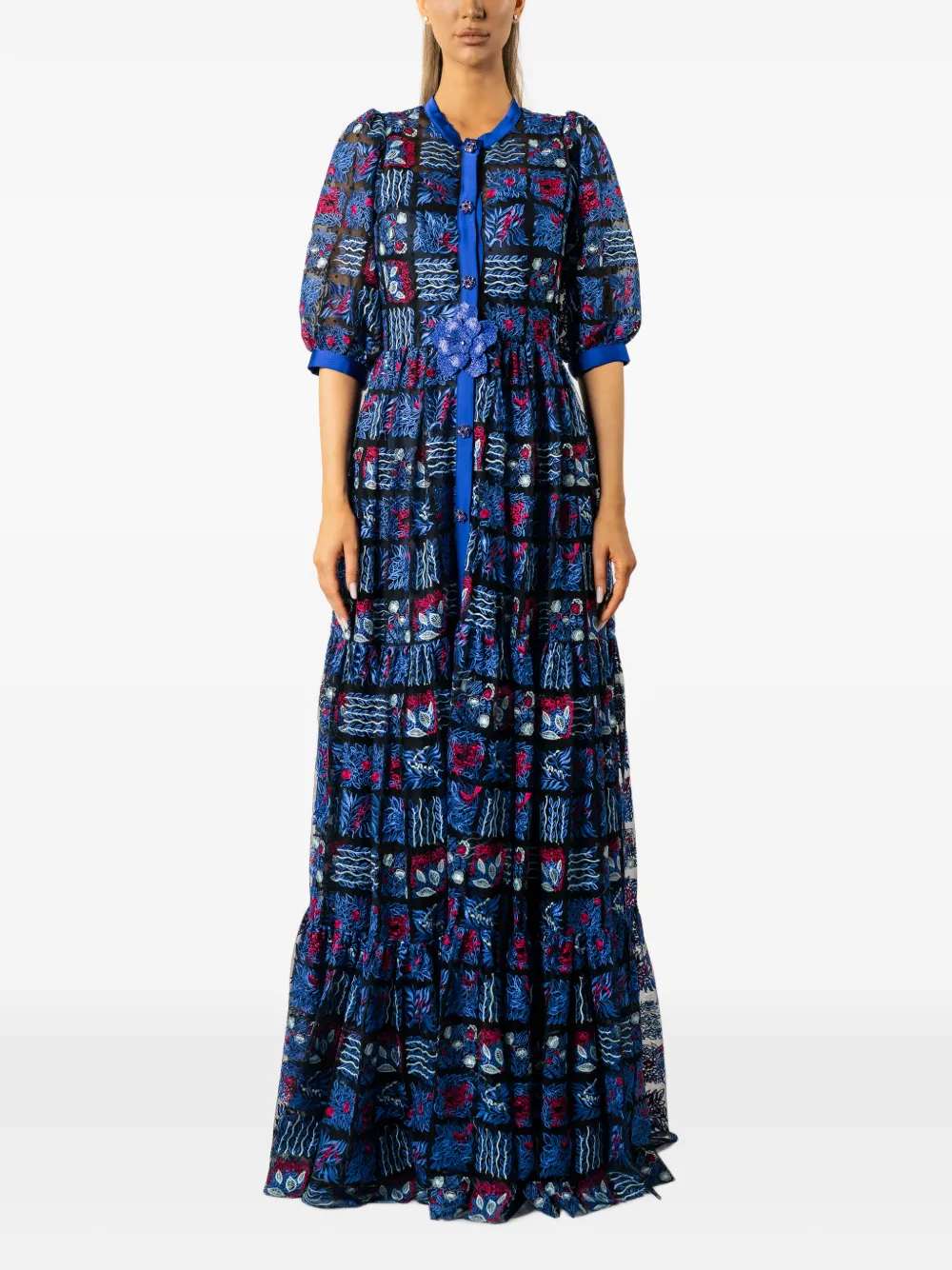 MIAU by Clara Rotescu embroidered tiered maxi dress Blauw