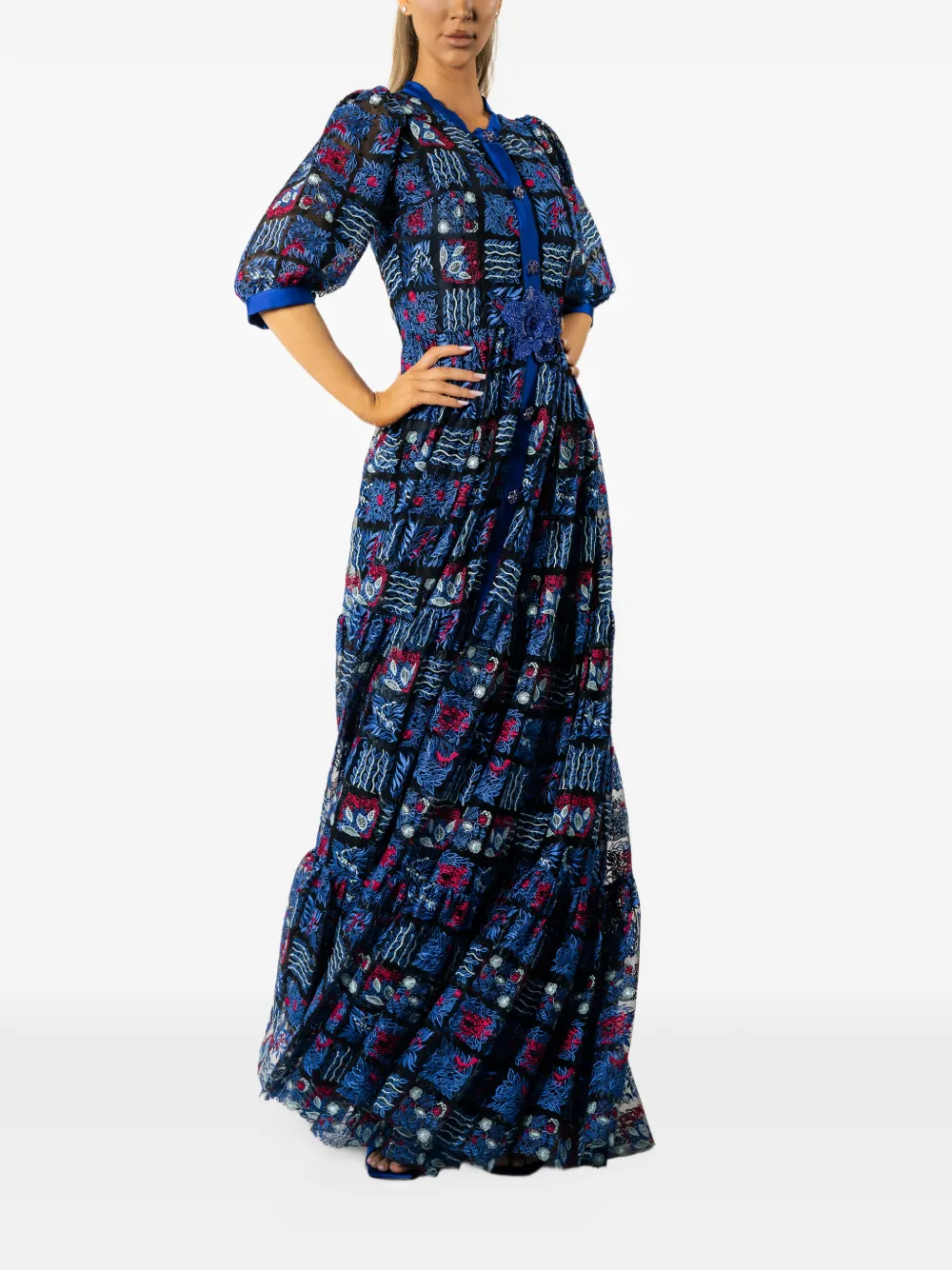 MIAU by Clara Rotescu embroidered tiered maxi dress Blauw