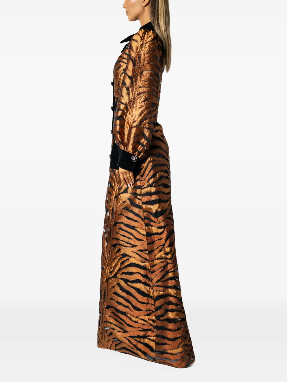 MIAU by Clara Rotescu Keala tiger-print button-up maxi dress Oranje