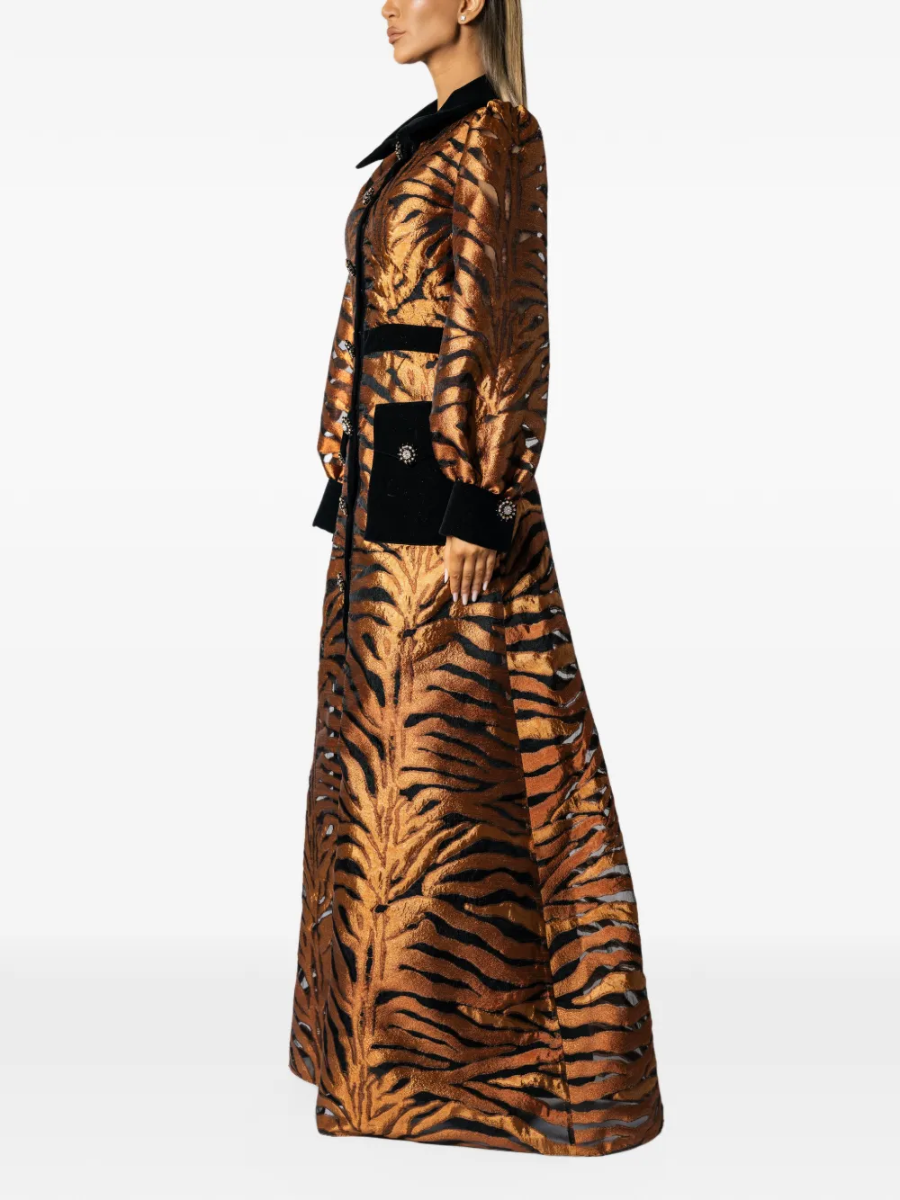 MIAU by Clara Rotescu Keala tiger-print button-up maxi dress Oranje
