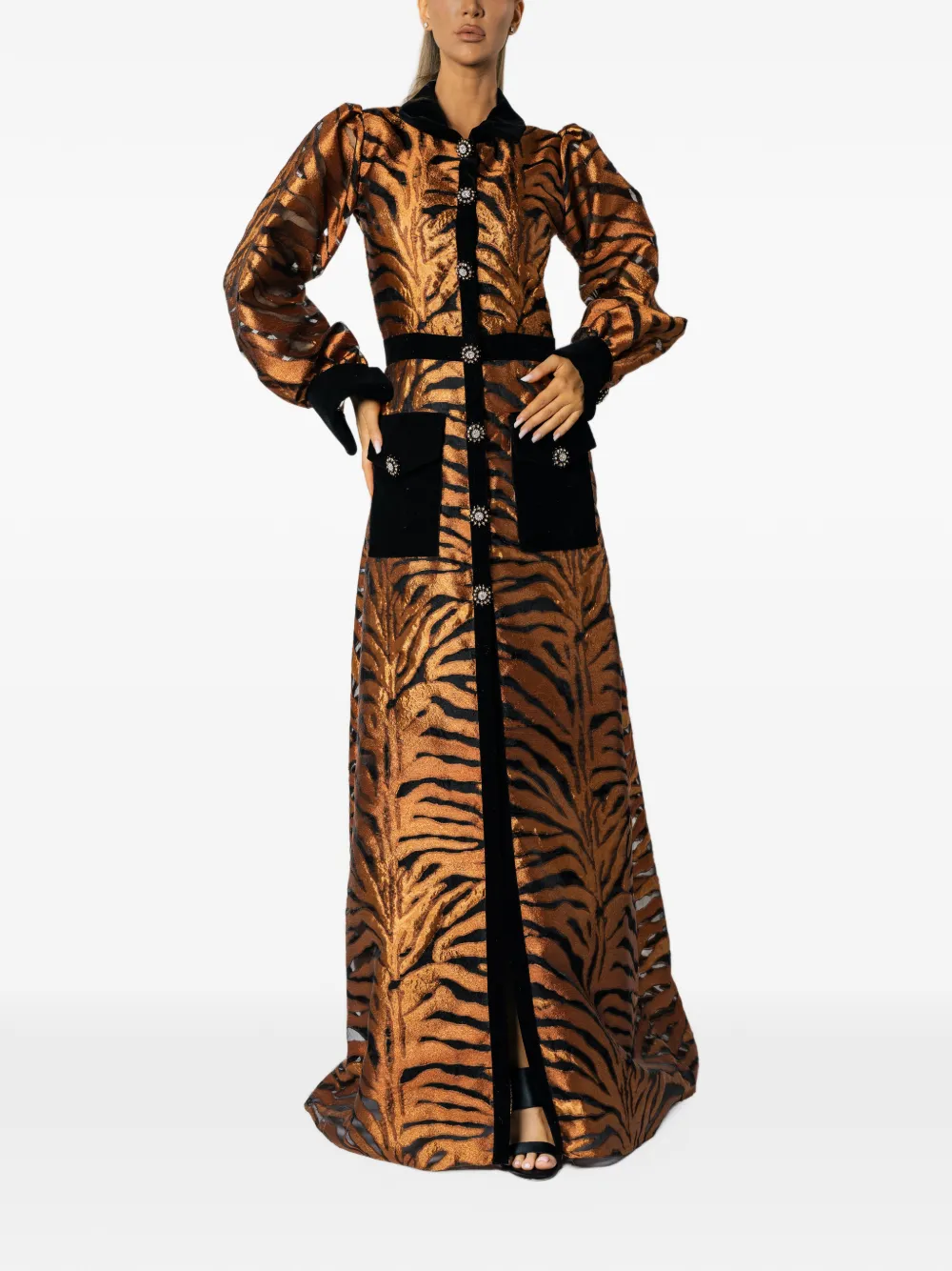 MIAU by Clara Rotescu Keala tiger-print button-up maxi dress Oranje