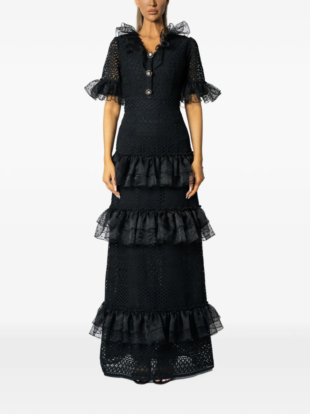 MIAU by Clara Rotescu ruffled tiered maxi dress Zwart