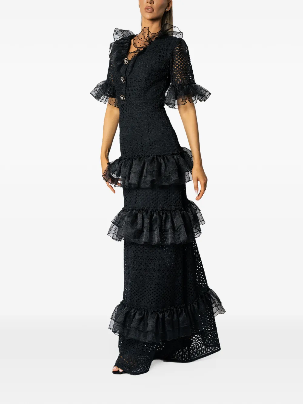 MIAU by Clara Rotescu ruffled tiered maxi dress Zwart