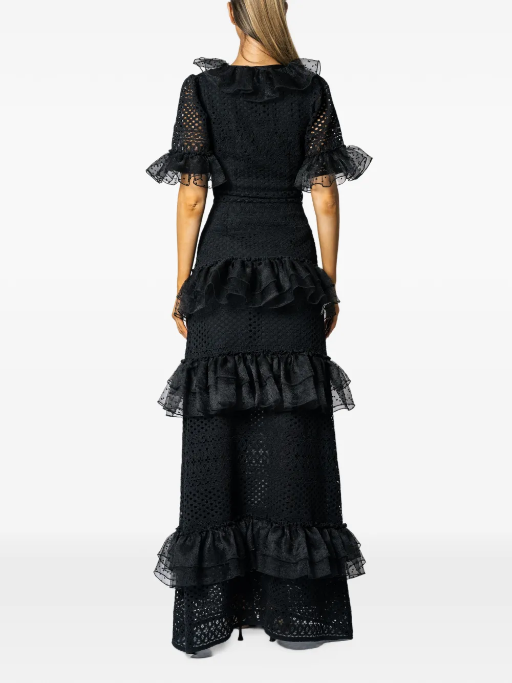 MIAU by Clara Rotescu ruffled tiered maxi dress Zwart