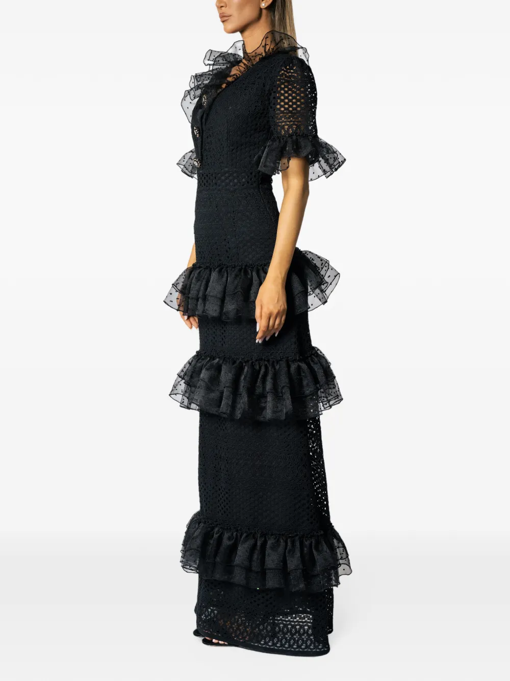 MIAU by Clara Rotescu ruffled tiered maxi dress Zwart