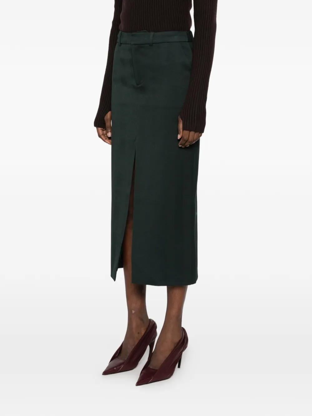 The Frankie Shop herringbone front-slit midi skirt Groen