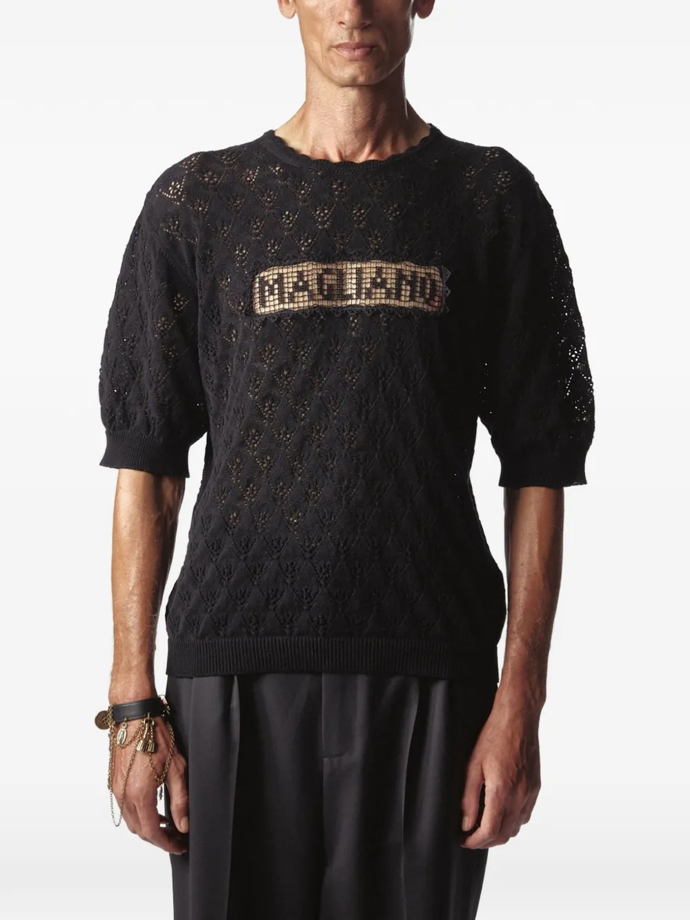 Magliano lace-knit logo-patch T-shirt Zwart
