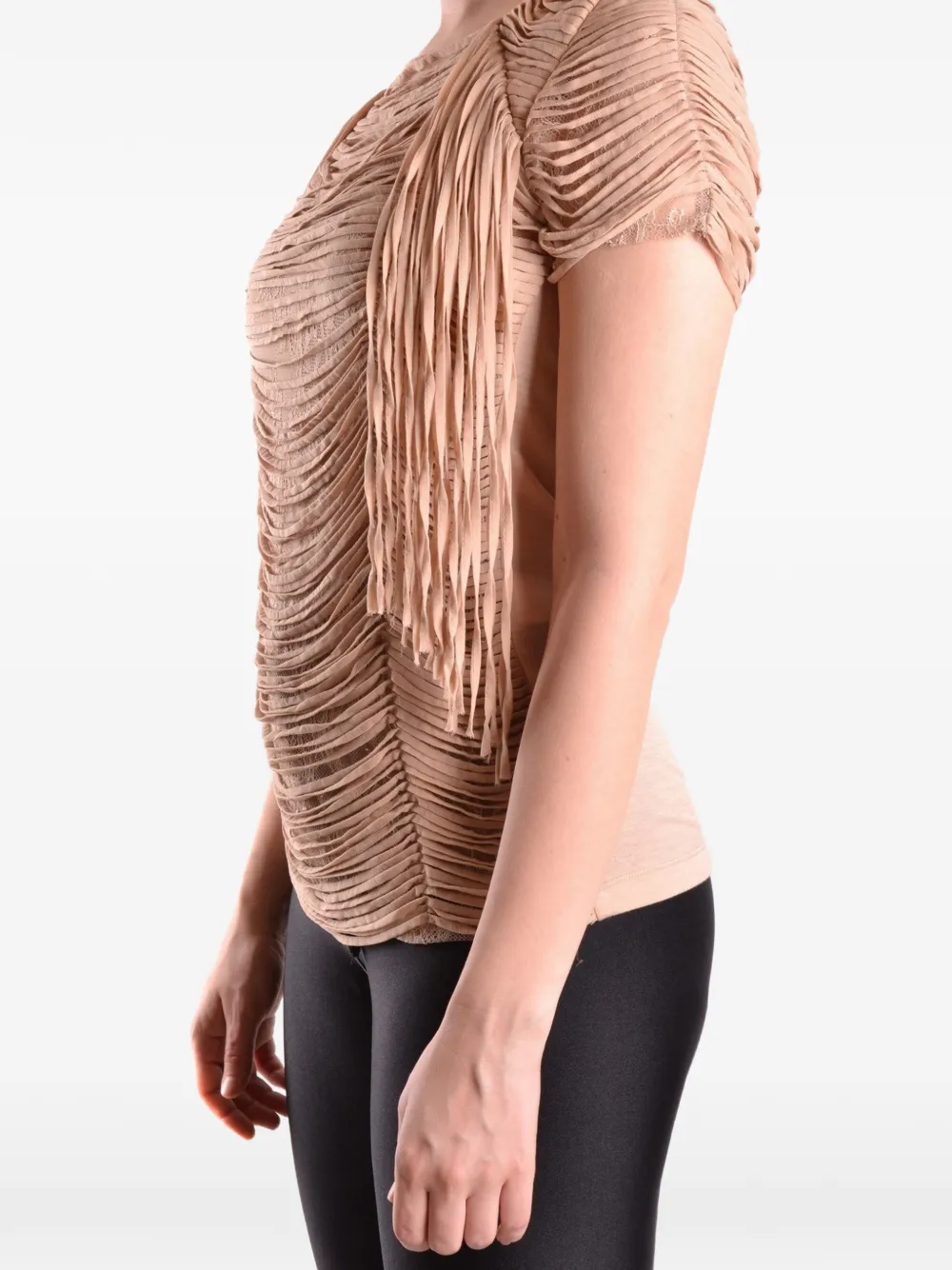 Elisabetta Franchi fringe-detail lace-overlay T-shirt Beige