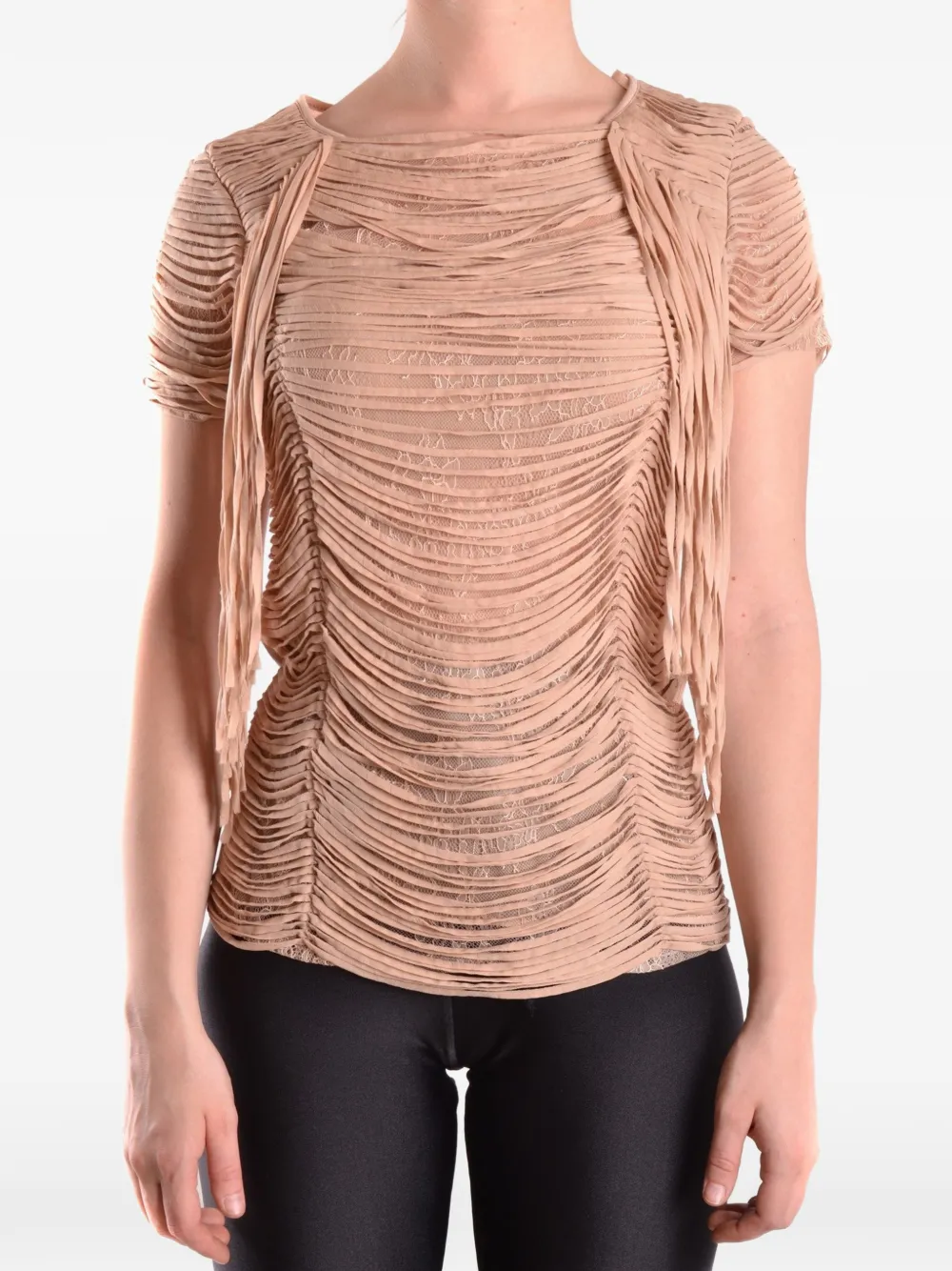 Elisabetta Franchi fringe-detail lace-overlay T-shirt Beige
