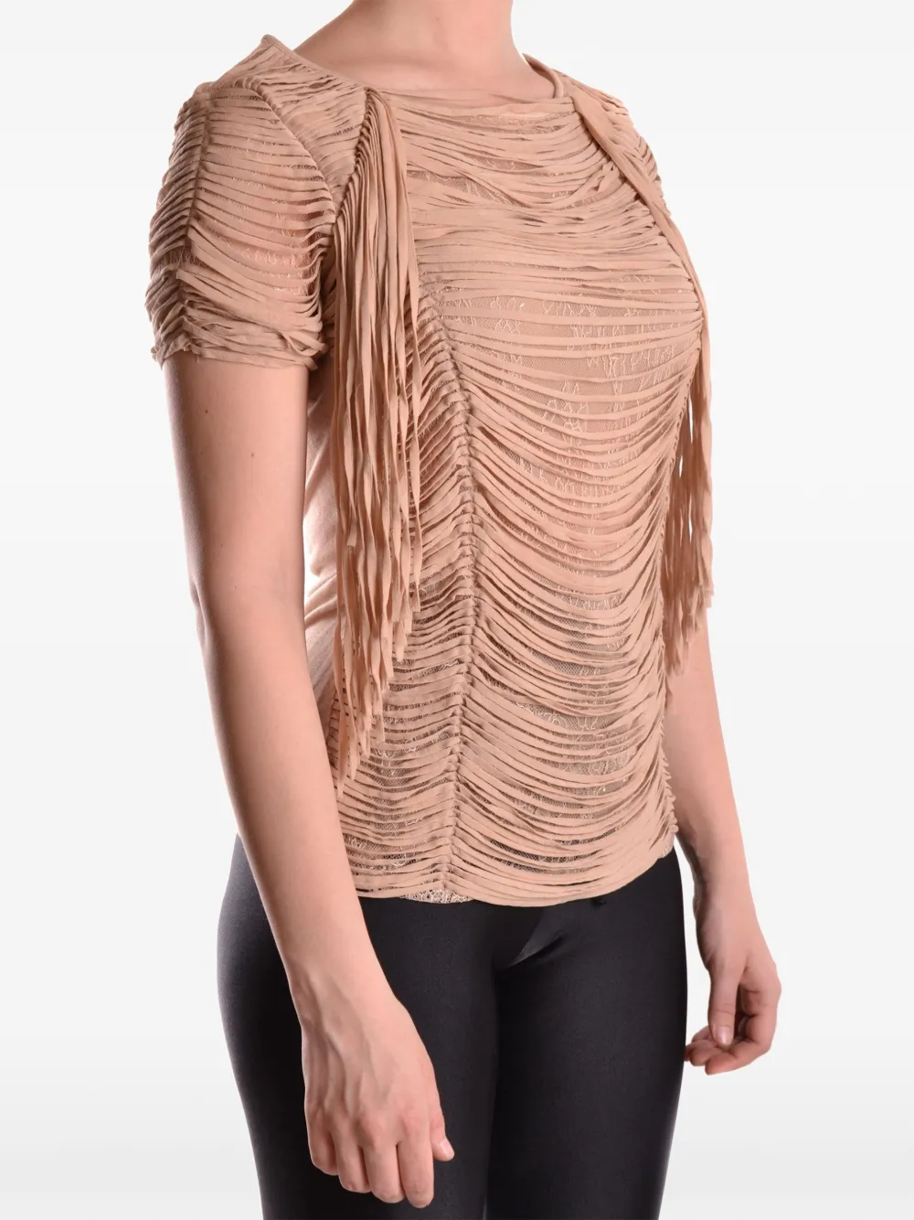Elisabetta Franchi fringe-detail lace-overlay T-shirt Beige
