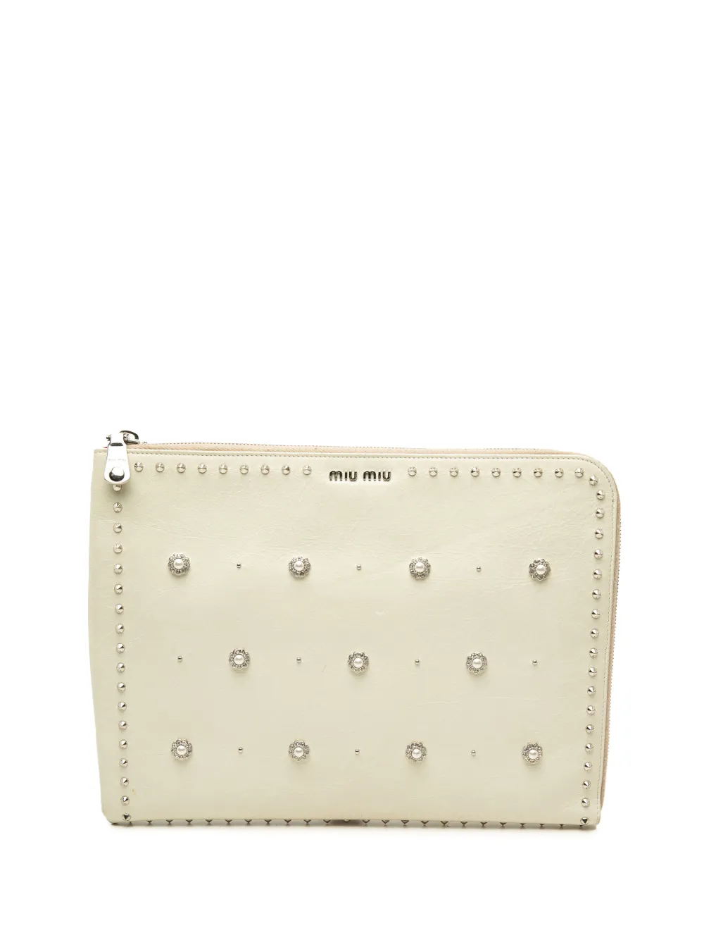 Miu Miu Pre-Owned 2010-2026 Faux Pearl Studded Leather clutch bag - Bianco