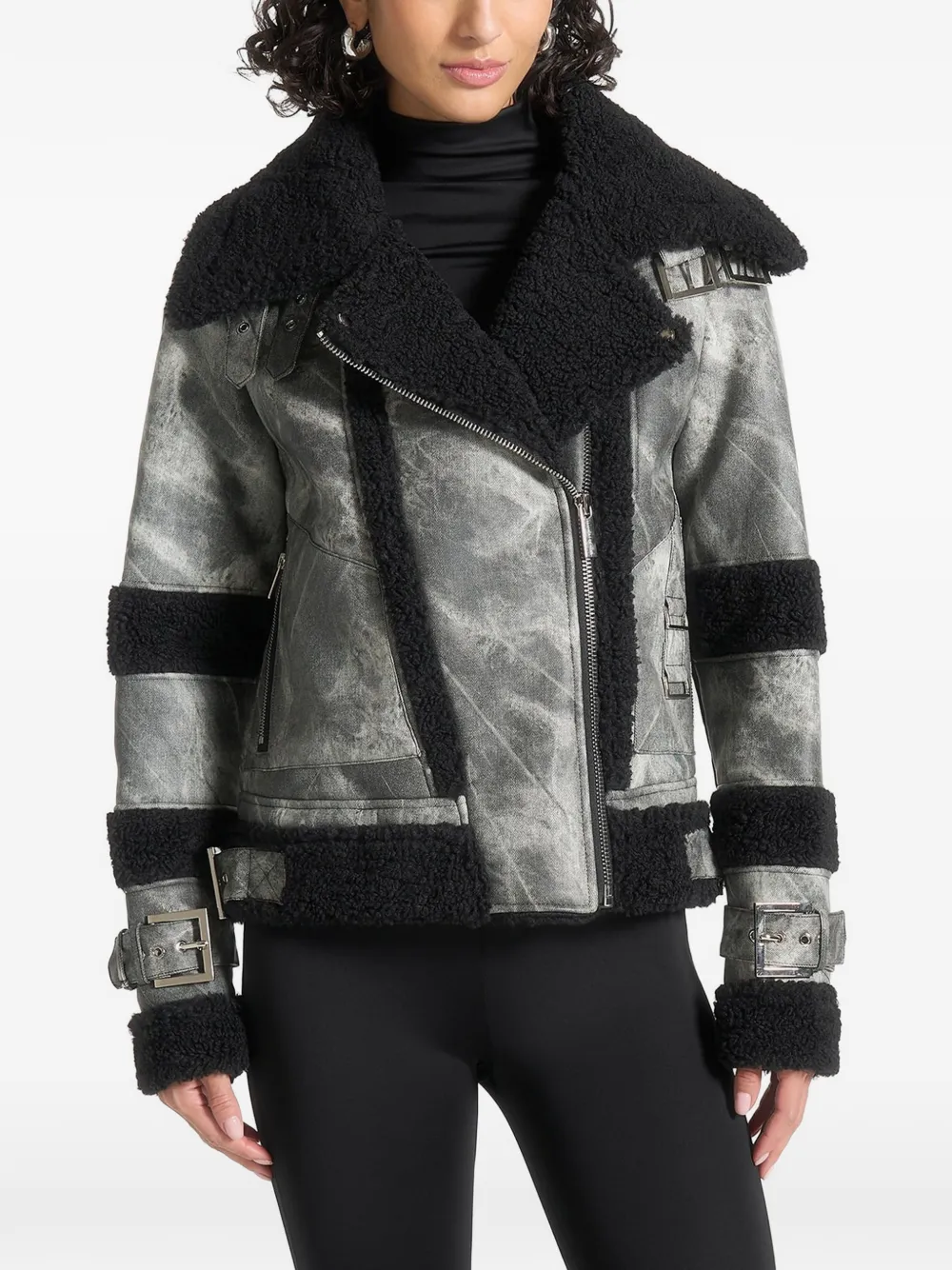 Manière De Voir Odette in black marbled vegan leather borg biker jacket - Grau