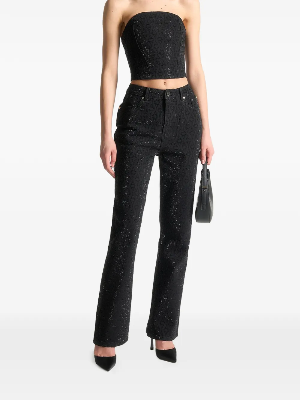Manière De Voir rhinestone Eiffel denim bandeau corset top black Zwart