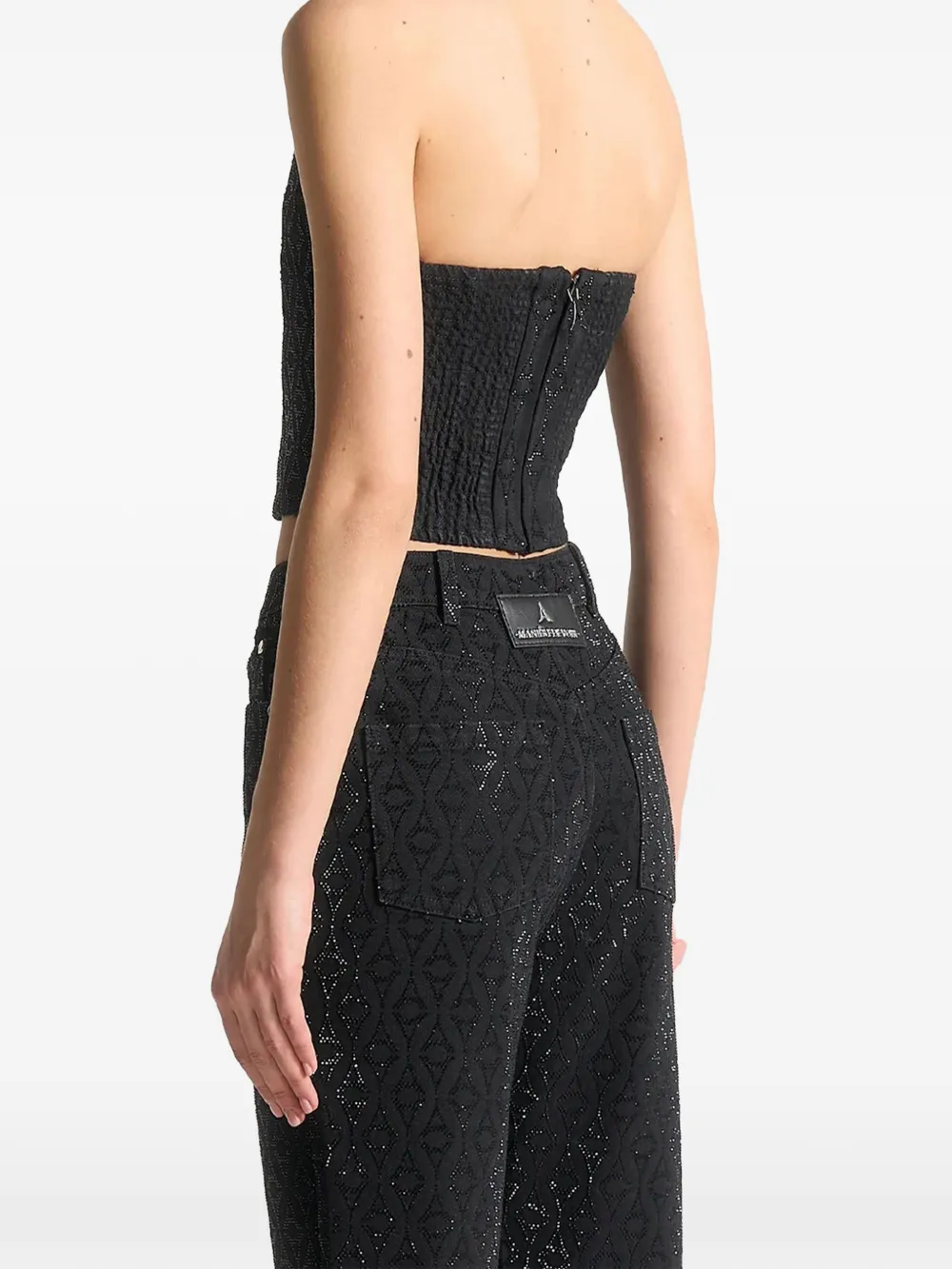 Manière De Voir rhinestone Eiffel denim bandeau corset top black Zwart