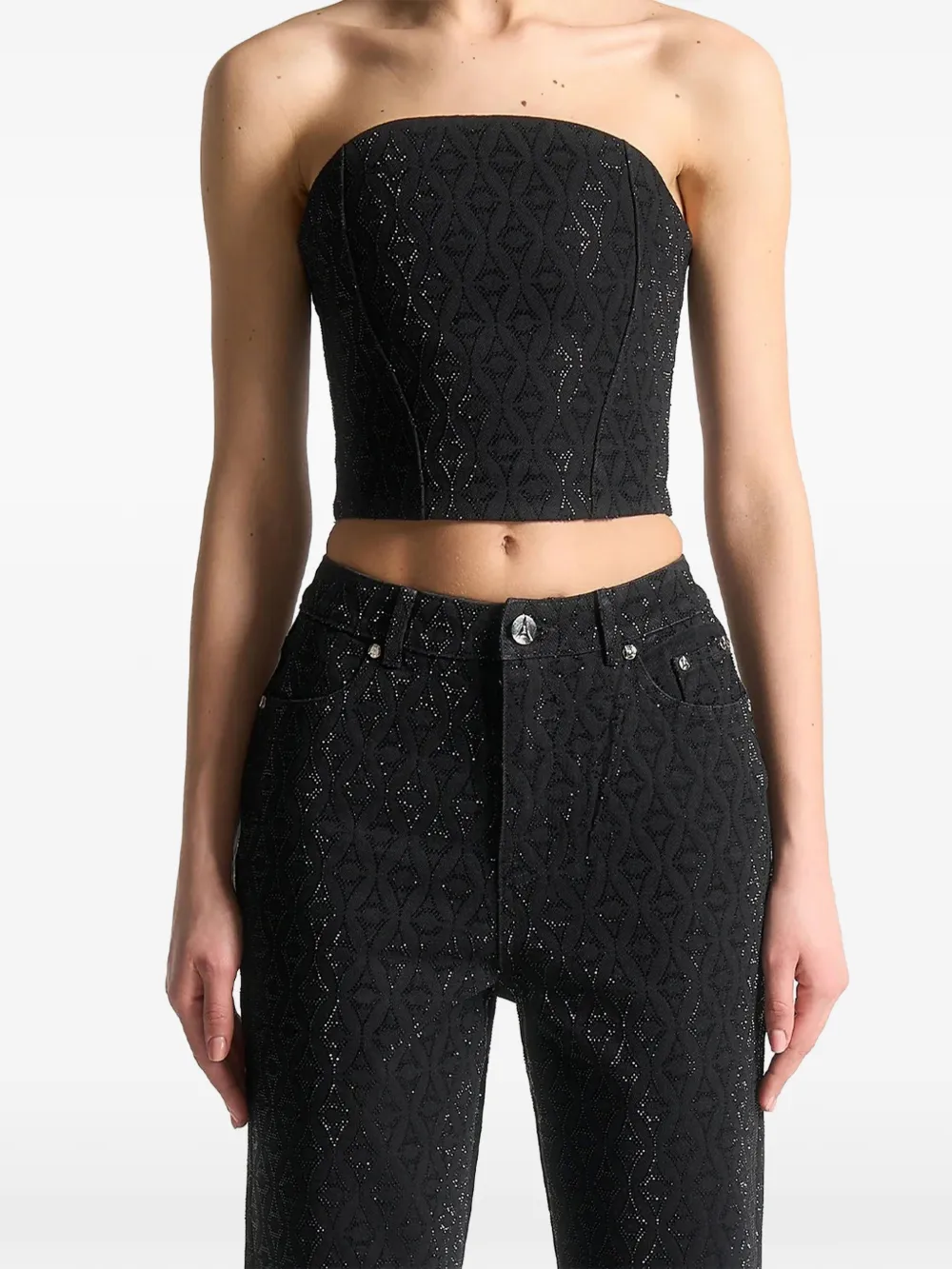 Manière De Voir rhinestone Eiffel denim bandeau corset top - black - Schwarz