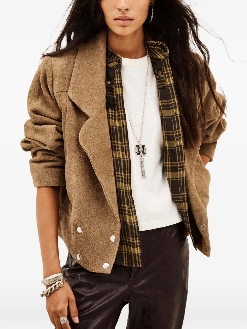 Ba&Sh Cowy double-breasted cropped suede jacket Bruin