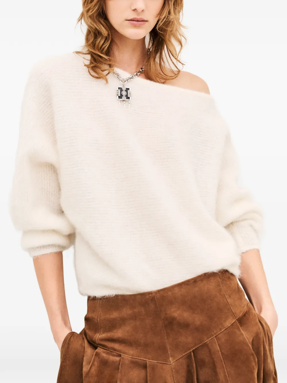 Ba&Sh Suela off-shoulder ribbed-knit sweater Beige