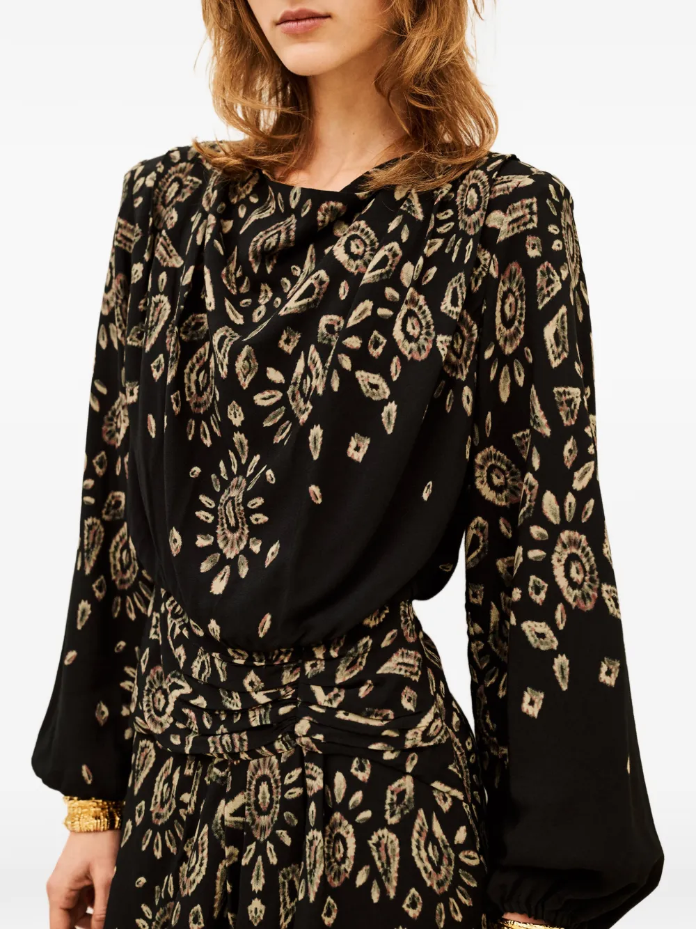 Ba&Sh Beona abstract-print draped long-sleeved mini dress Zwart