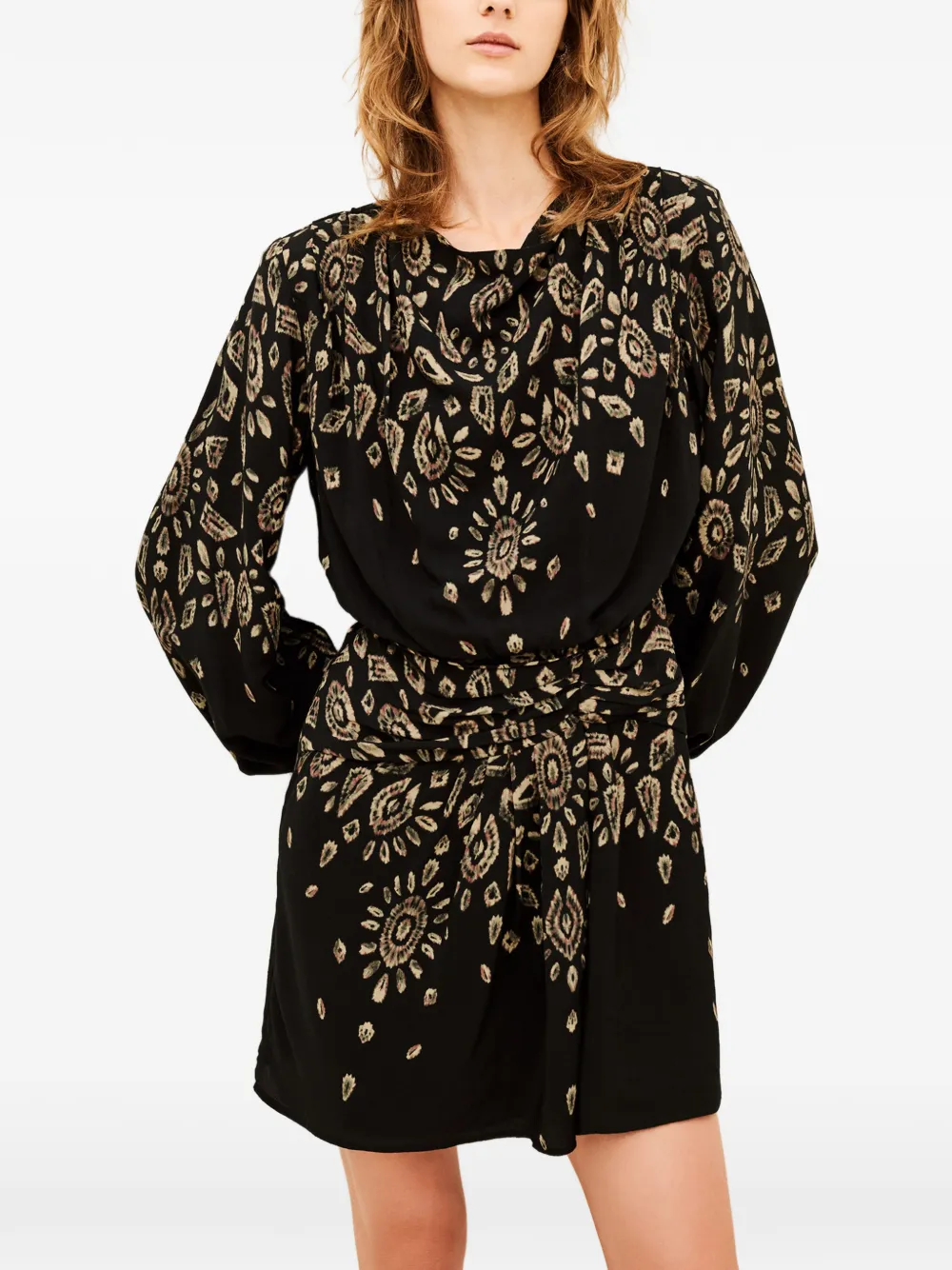 Ba&Sh Beona abstract-print draped long-sleeved mini dress Zwart
