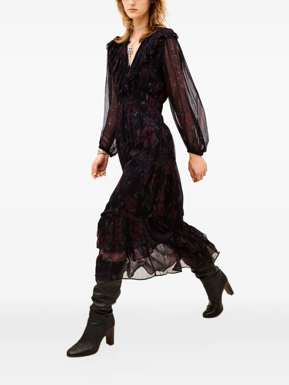 Ba&Sh Dova ruffled floral-print midi dress Zwart
