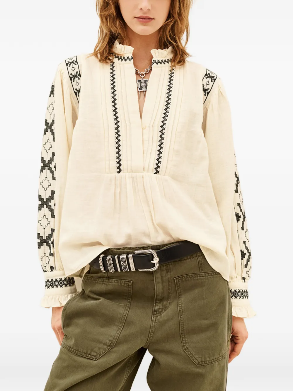 Ba&Sh Pidma blouse met borduurwerk en ruches Beige