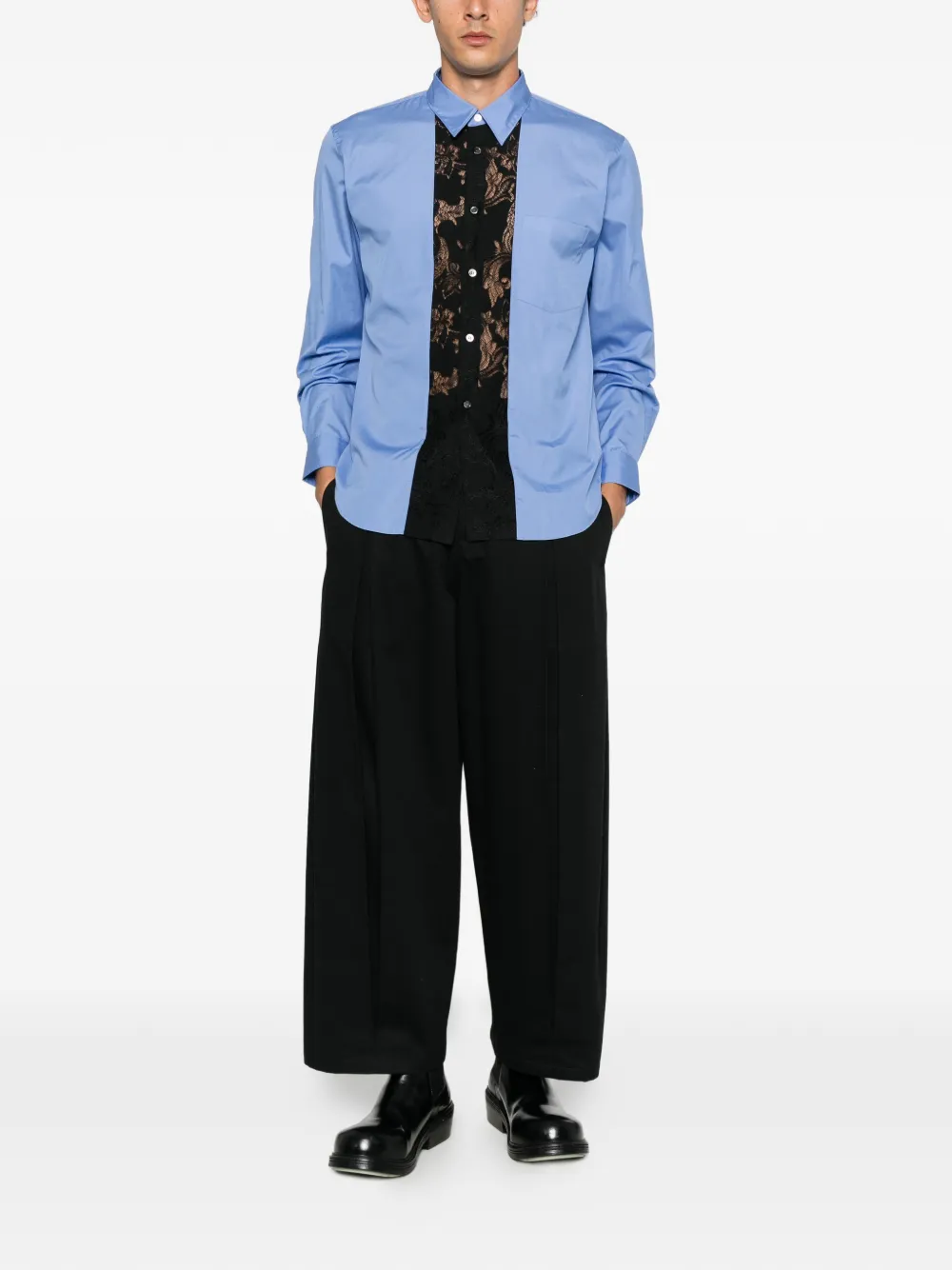 Comme des Garçons Homme Plus lace-panelled layered shirt Blauw