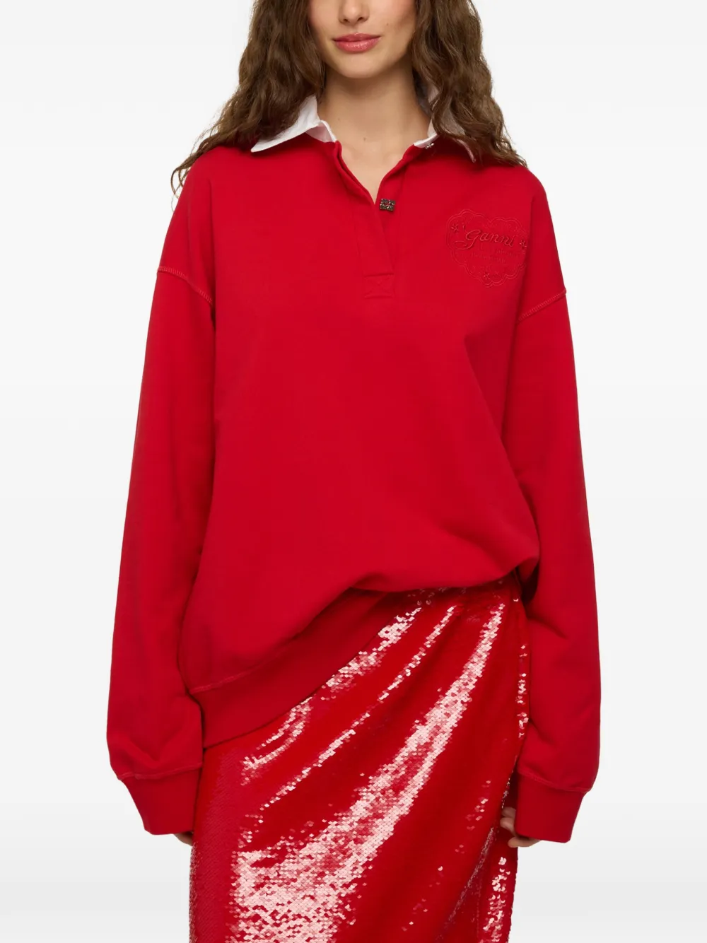 GANNI polo shirt with heart embroidery Rood