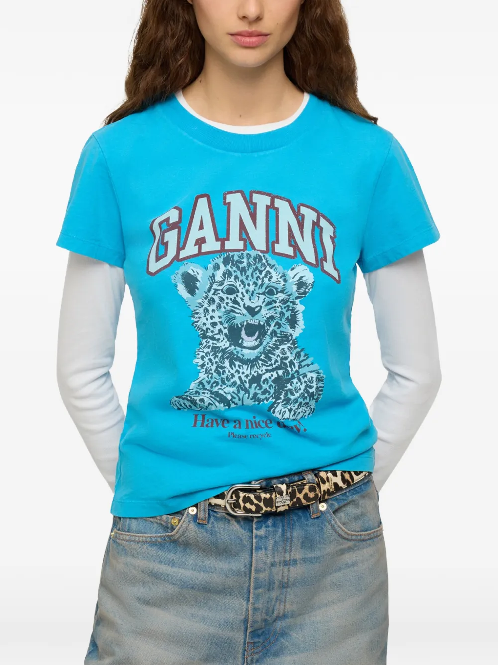 GANNI baby fit T-shirt with blue Tiger Blauw