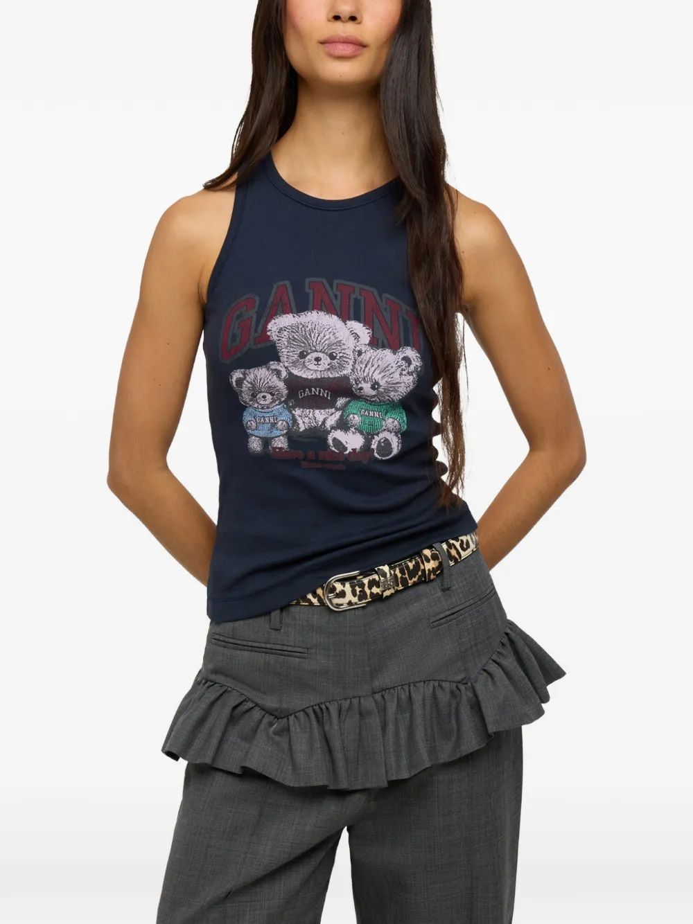 GANNI tank top with teddy family Blauw