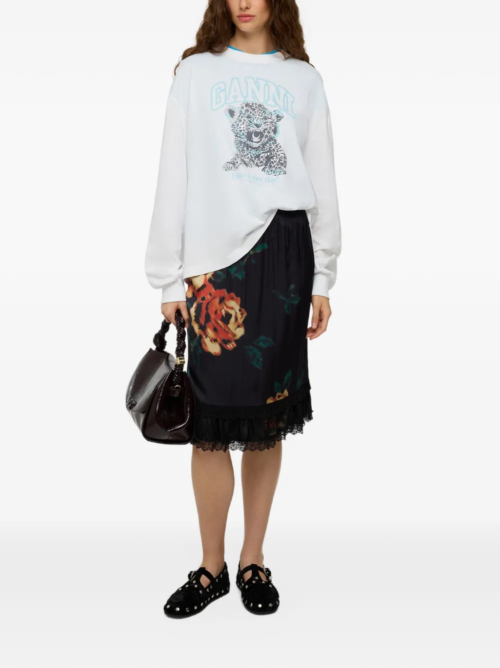 GANNI logo-print tiger-motif T-shirt Wit
