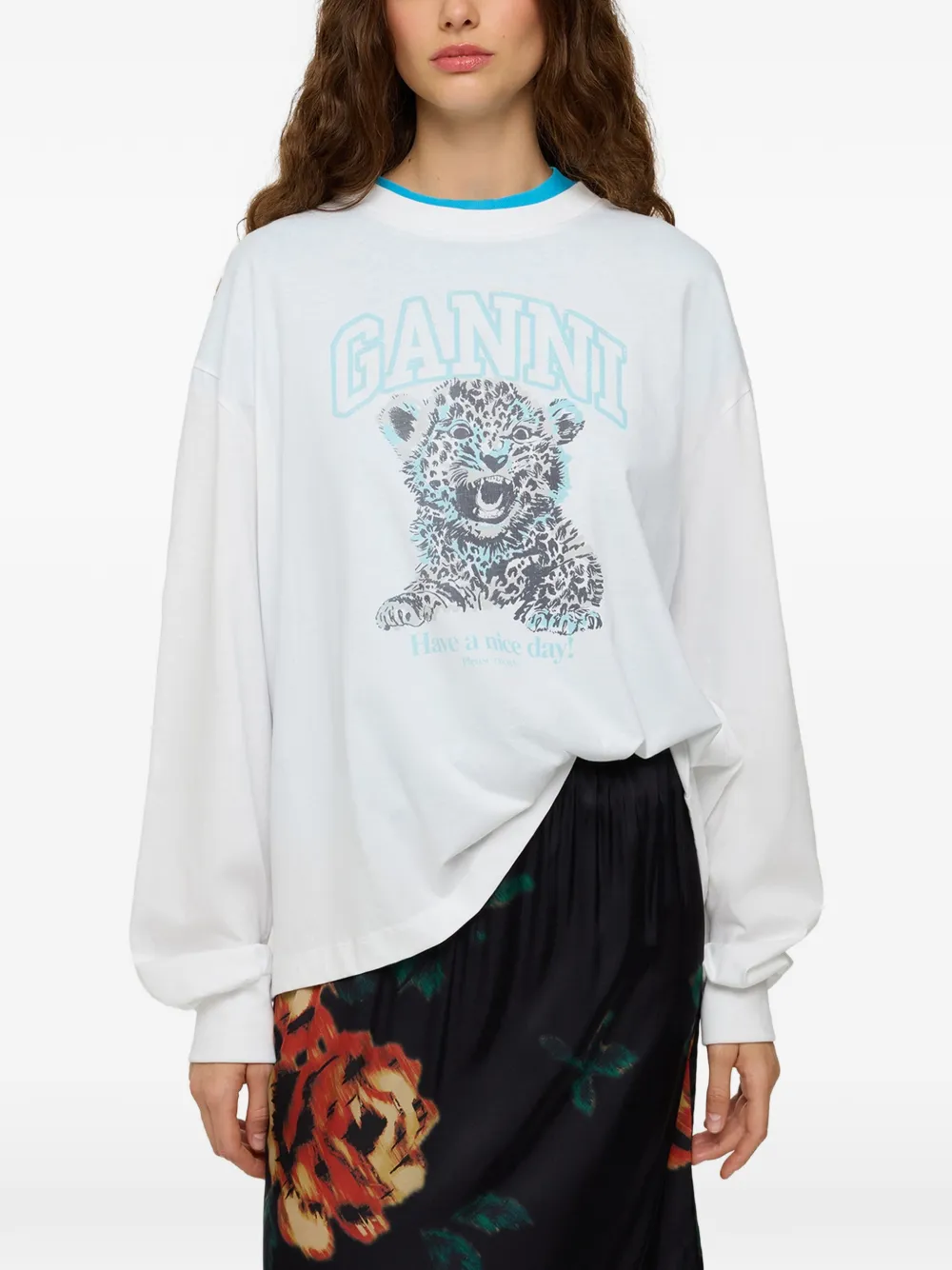 GANNI logo-print tiger-motif T-shirt Wit