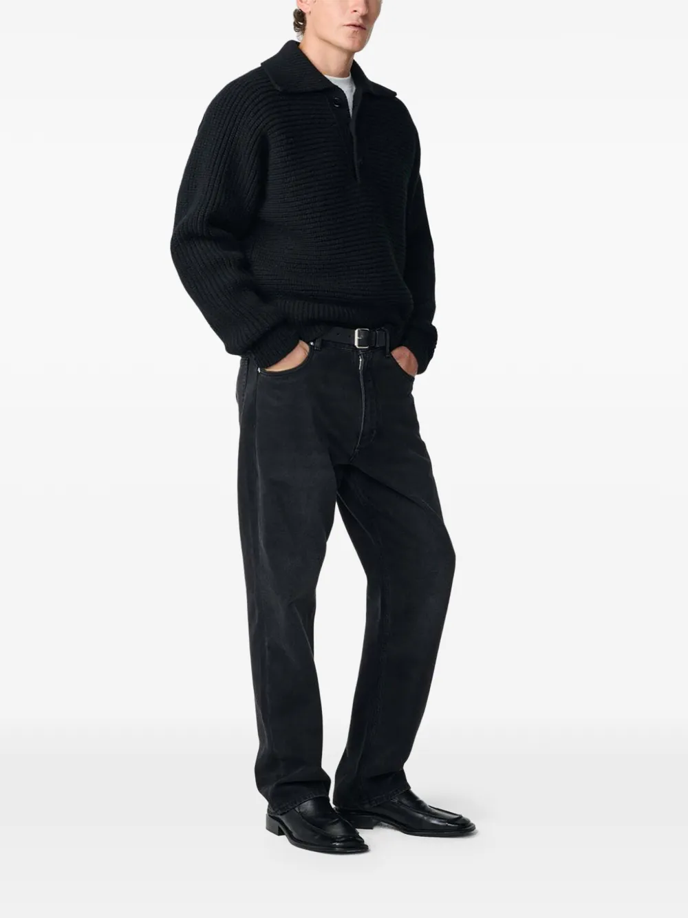 Studio Nicholson Barrow ribbed-knit polo-colar sweater Zwart
