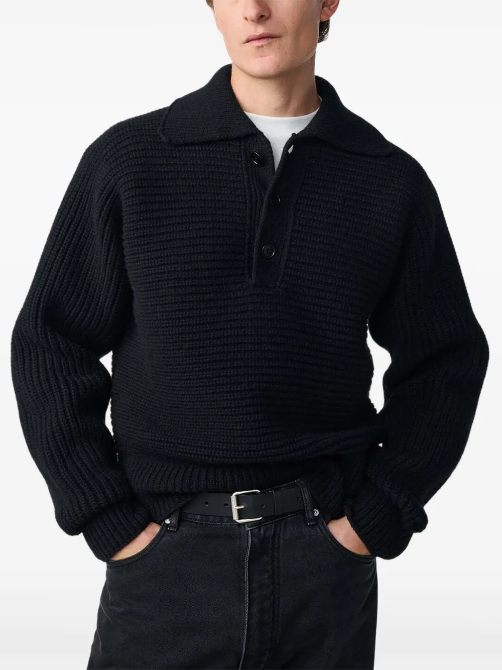 Studio Nicholson Barrow ribbed-knit polo-colar sweater Zwart