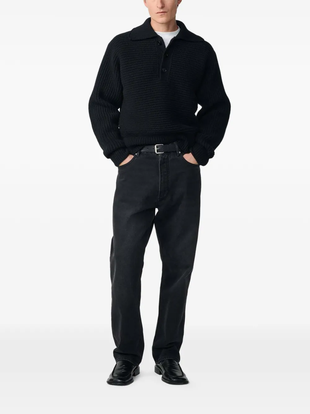 Studio Nicholson Barrow ribbed-knit polo-colar sweater Zwart